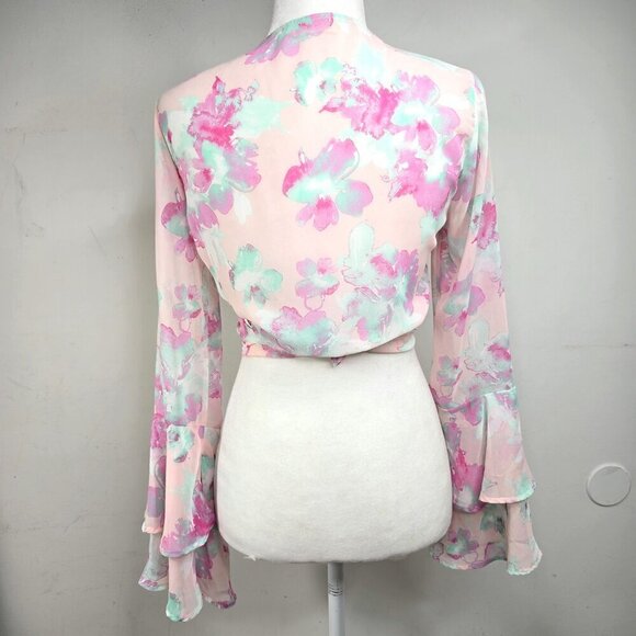 ModCloth Peach Love Pink Fairy Whimsical Sheer Bell Sleeve Tie Front Crop Top - Picture 5 of 8